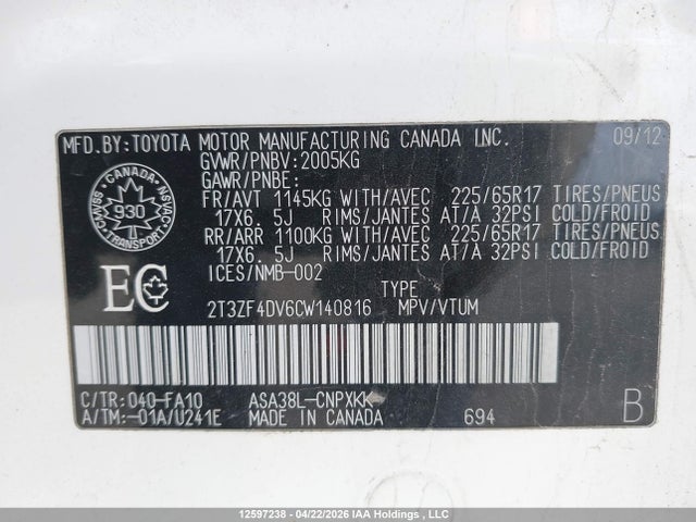 2012 Toyota Rav4 მანქანა იყიდება აუქციონზე, vin: 2T3ZF4DV6CW140816, აუქციონის ნომერი: 12597238