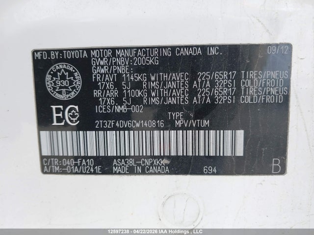 2012 Toyota Rav4 მანქანა იყიდება აუქციონზე, vin: 2T3ZF4DV6CW140816, აუქციონის ნომერი: 12597238