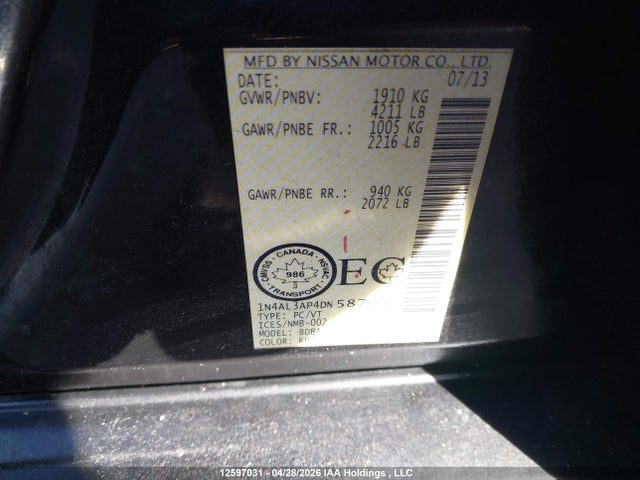 2013 Nissan Altima 2.5/2.5 S/2.5 Sl/2.5 Sv მანქანა იყიდება აუქციონზე, vin: 1N4AL3AP4DN587052, აუქციონის ნომერი: 12597031