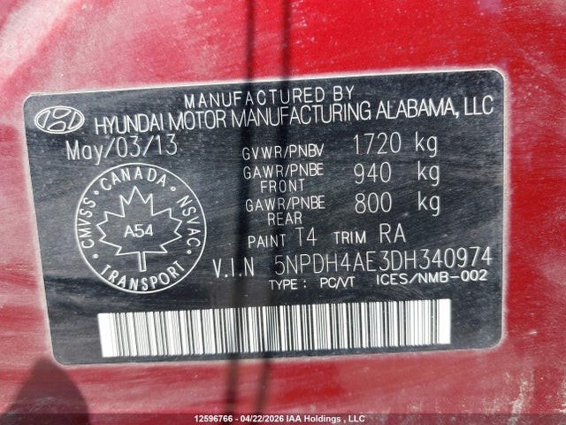 Продаж на аукціоні авто 2013 Hyundai Elantra Gl, vin: 5NPDH4AE3DH340974, номер лоту: 12596766