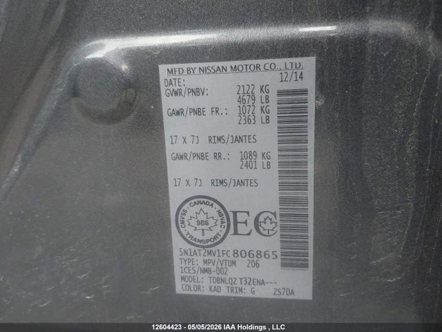 Продаж на аукціоні авто 2015 Nissan Rogue S/sl/sv, vin: 5N1AT2MV1FC806865, номер лоту: 12604423