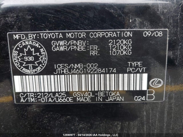 12590977 :رقم المزاد ، JTHBJ46G192284174 vin ، 2009 Lexus Es 350 350 مزاد بيع