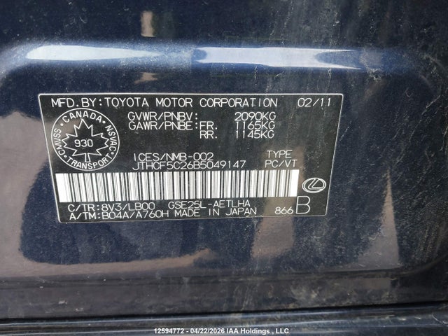 12594772 :رقم المزاد ، JTHCF5C26B5049147 vin ، 2011 Lexus Is 250 مزاد بيع