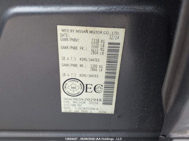 5N1AZ2MG3FN202948 Nissan Murano S/sl/sv/platinum