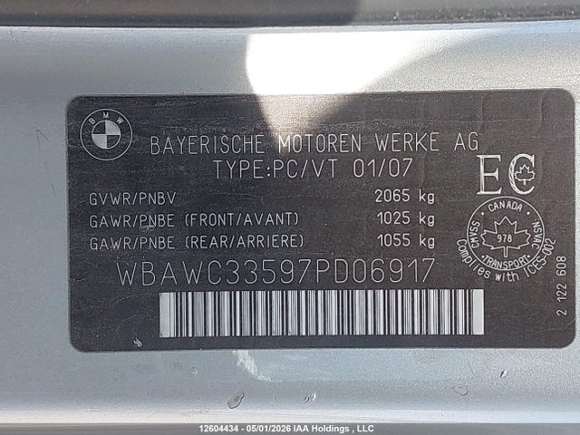 12604434 :رقم المزاد ، WBAWC33597PD06917 vin ، 2007 Bmw 3 Series مزاد بيع