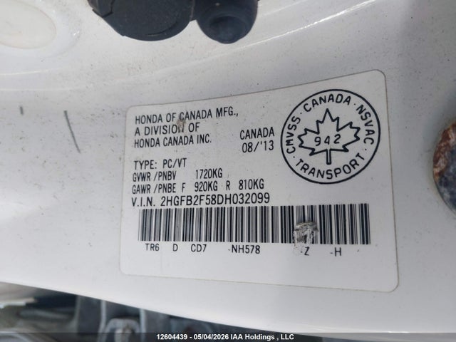 12604439 :رقم المزاد ، 2HGFB2F58DH032099 vin ، 2013 Honda Civic Lx مزاد بيع