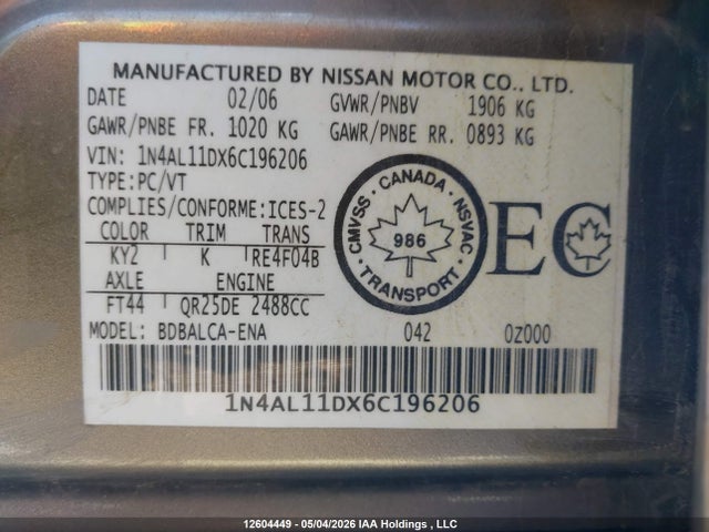 2006 Nissan Altima 2.5 S მანქანა იყიდება აუქციონზე, vin: 1N4AL11DX6C196206, აუქციონის ნომერი: 12604449
