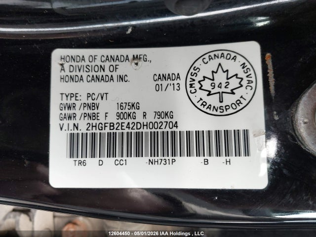 Aukcja sprzedaży 2013 Honda Civic Lx, vin: 2HGFB2E42DH002704, numer aukcji: 12604450
