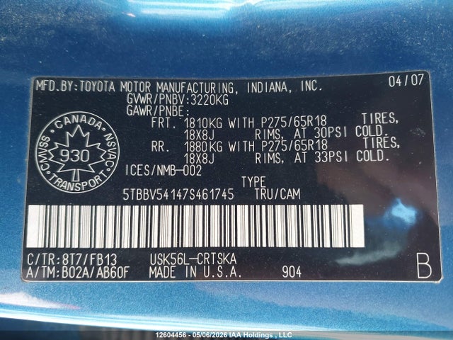2007 Toyota Tundra Sr5 5.7l V8 მანქანა იყიდება აუქციონზე, vin: 5TBBV54147S461745, აუქციონის ნომერი: 12604456