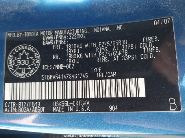 2007 Toyota Tundra Sr5 5.7l V8 მანქანა იყიდება აუქციონზე, vin: 5TBBV54147S461745, აუქციონის ნომერი: 12604456