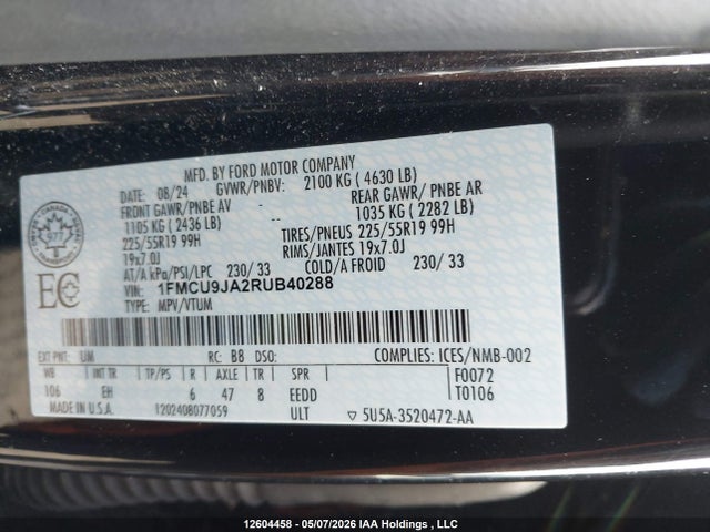 Продажа на аукционе авто 2024 Ford Escape Platinum, vin: 1FMCU9JA2RUB40288, номер лота: 12604458