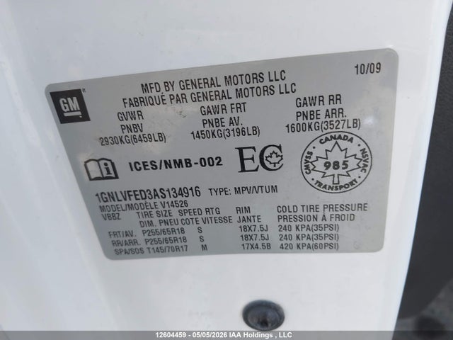 Продажа на аукционе авто 2010 Chevrolet Traverse 1lt, vin: 1GNLVFED3AS134916, номер лота: 12604459