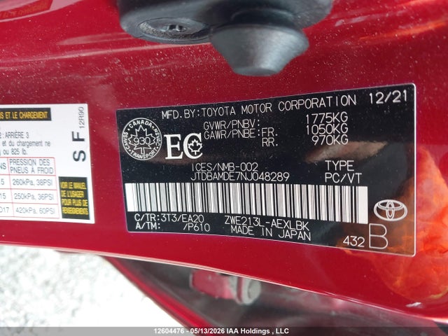 Aukcja sprzedaży 2022 Toyota Corolla, vin: JTDBAMDE7NJ048289, numer aukcji: 12604476