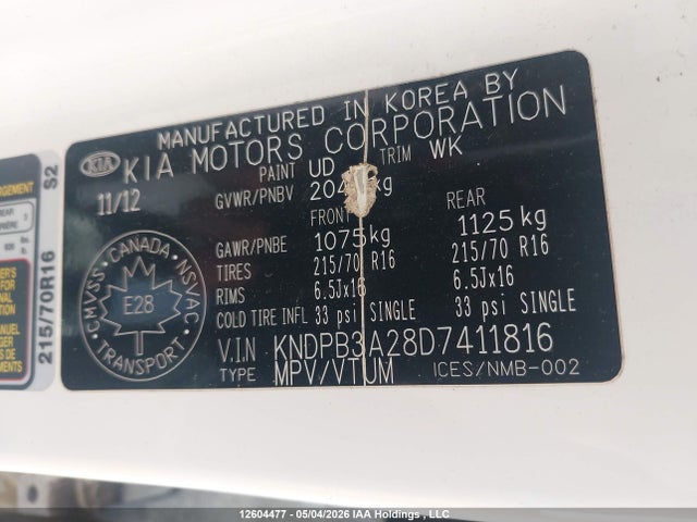 12604477 :رقم المزاد ، KNDPB3A28D7411816 vin ، 2013 Kia Sportage Lx مزاد بيع