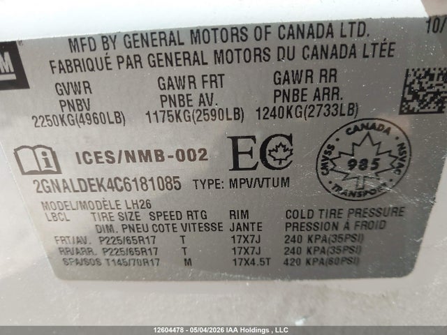 Aukcja sprzedaży 2012 Chevrolet Equinox Lt, vin: 2GNALDEK4C6181085, numer aukcji: 12604478