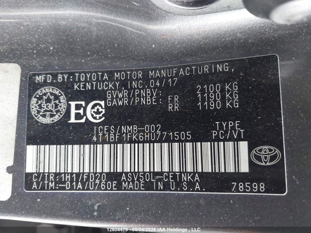 Продаж на аукціоні авто 2017 Toyota Camry Le, vin: 4T1BF1FK6HU771505, номер лоту: 12604479