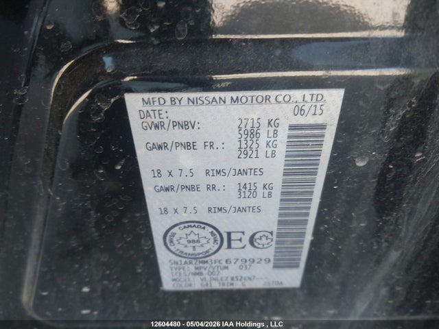 2015 Nissan Pathfinder S/sv/sl/platinum მანქანა იყიდება აუქციონზე, vin: 5N1AR2MM3FC679929, აუქციონის ნომერი: 12604480