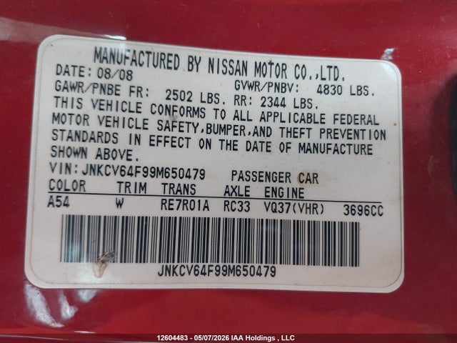 Продаж на аукціоні авто 2009 Infiniti G37, vin: JNKCV64F99M650479, номер лоту: 12604483