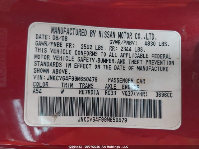 Продаж на аукціоні авто 2009 Infiniti G37, vin: JNKCV64F99M650479, номер лоту: 12604483