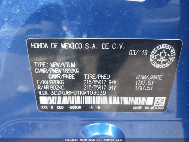 3CZRU6H91KM103939 Honda Hr-v Touring