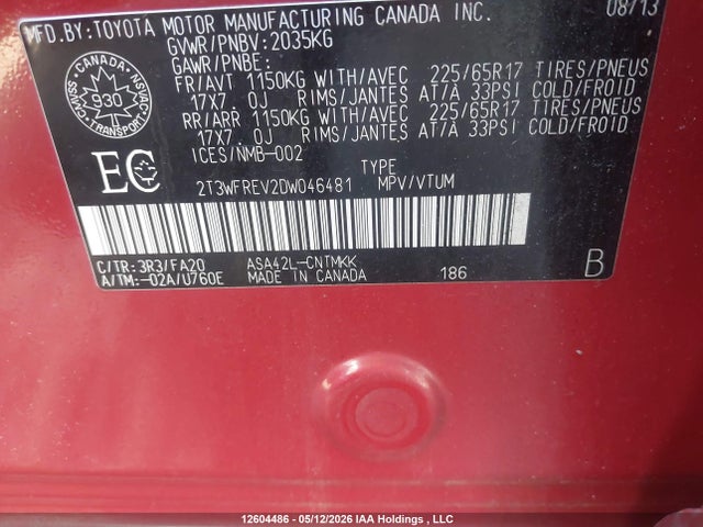 2013 Toyota Rav4 Xle მანქანა იყიდება აუქციონზე, vin: 2T3WFREV2DW046481, აუქციონის ნომერი: 12604486
