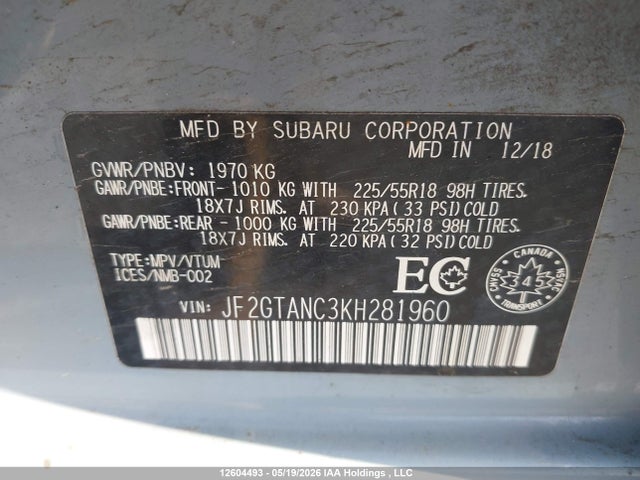 12604493 :رقم المزاد ، JF2GTANC3KH281960 vin ، 2019 Subaru Crosstrek Limited مزاد بيع