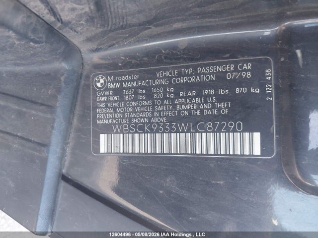 Aukcja sprzedaży 1998 Bmw M Roadster, vin: WBSCK9333WLC87290, numer aukcji: 12604496