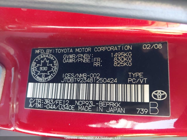 12604504 :رقم المزاد ، JTDBT923481250424 vin ، 2008 Toyota Yaris مزاد بيع