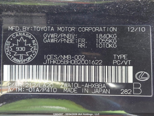 Продаж на аукціоні авто 2011 Lexus Ct 200, vin: JTHKD5BH0B2001622, номер лоту: 12604507