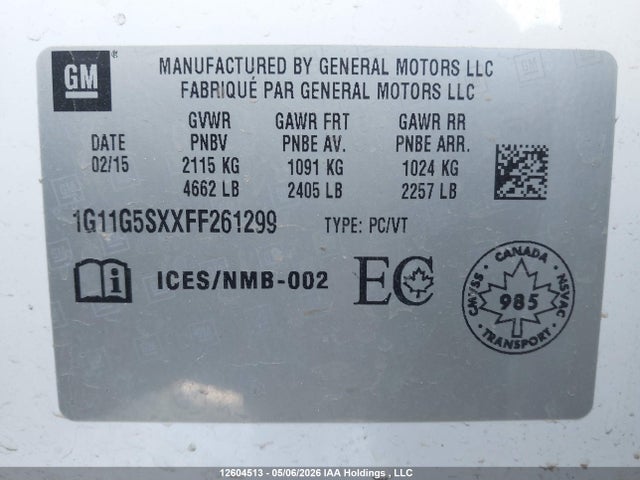 1G11G5SXXFF261299 Chevrolet MALIBU LTZ