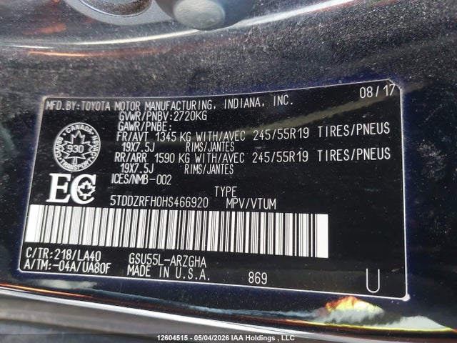 12604515 :رقم المزاد ، 5TDDZRFH0HS466920 vin ، 2017 Toyota Highlander Limited مزاد بيع