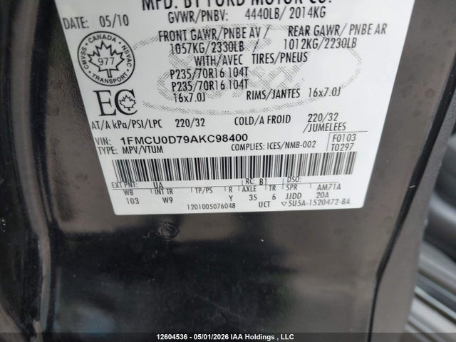 Продаж на аукціоні авто 2010 Ford Escape Xlt, vin: 1FMCU0D79AKC98400, номер лоту: 12604536