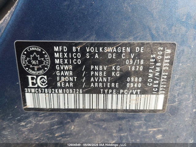 12604549 :رقم المزاد ، 3VWC57BU2KM109726 vin ، 2019 Volkswagen Jetta 1.4 Tsi Comfortline مزاد بيع