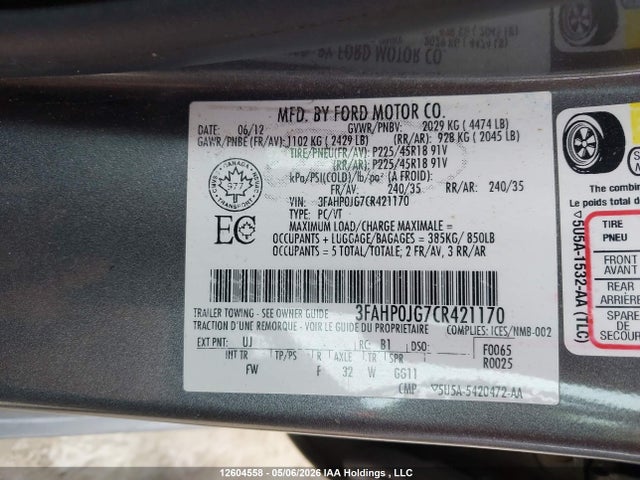 2012 Ford Fusion Sel მანქანა იყიდება აუქციონზე, vin: 3FAHP0JG7CR421170, აუქციონის ნომერი: 12604558