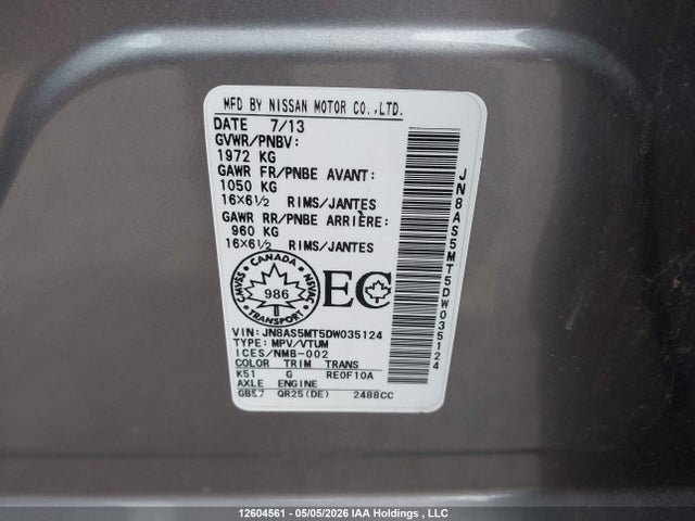 2013 Nissan Rogue S/sv მანქანა იყიდება აუქციონზე, vin: JN8AS5MT5DW035124, აუქციონის ნომერი: 12604561