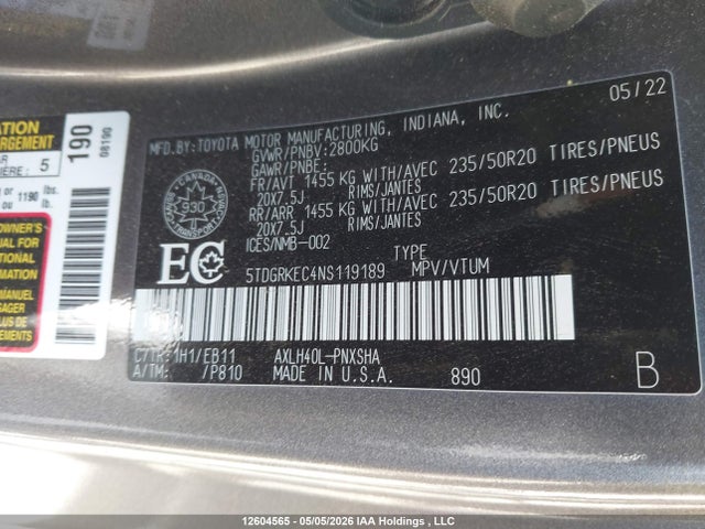 Продаж на аукціоні авто 2022 Toyota Sienna Le/xle/xse/limited/platinum, vin: 5TDGRKEC4NS119189, номер лоту: 12604565