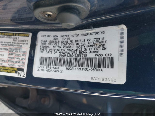 2004 Toyota Corolla Le მანქანა იყიდება აუქციონზე, vin: 1NXBR32E04Z268789, აუქციონის ნომერი: 12604573