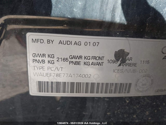 Aukcja sprzedaży 2007 Audi A4 S-line 2.0t Quattro Turbo, vin: WAUEF78E77A174002, numer aukcji: 12604574