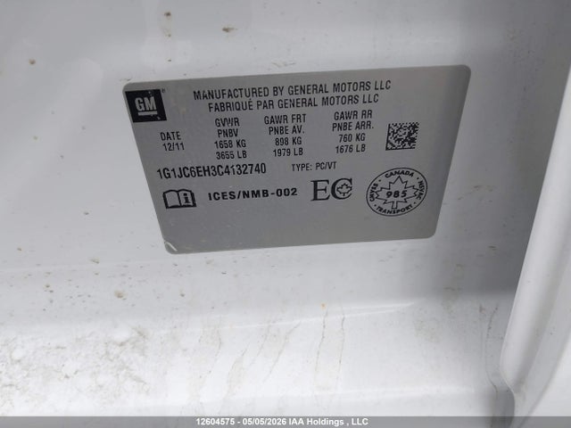 Aukcja sprzedaży 2012 Chevrolet Sonic Lt, vin: 1G1JC6EH3C4132740, numer aukcji: 12604575