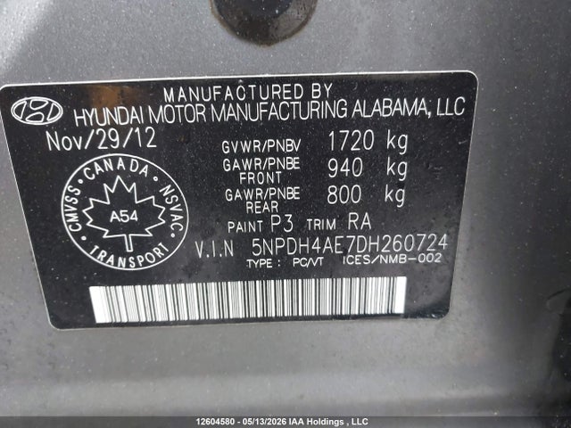 2013 Hyundai Elantra Gls მანქანა იყიდება აუქციონზე, vin: 5NPDH4AE7DH260724, აუქციონის ნომერი: 12604580
