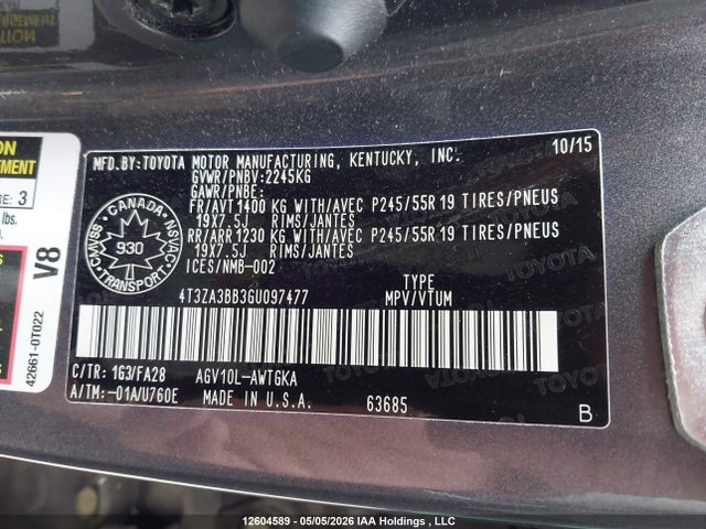 12604589 :رقم المزاد ، 4T3ZA3BB3GU097477 vin ، 2016 Toyota Venza مزاد بيع