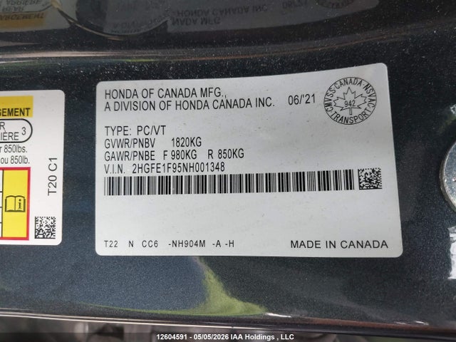 Продажа на аукционе авто 2022 Honda Civic, vin: 2HGFE1F95NH001348, номер лота: 12604591