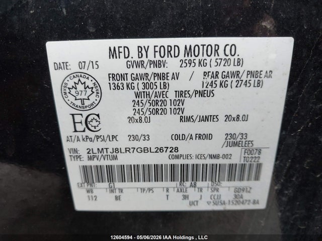 2016 Lincoln Mkx Reserve მანქანა იყიდება აუქციონზე, vin: 2LMTJ8LR7GBL26728, აუქციონის ნომერი: 12604594