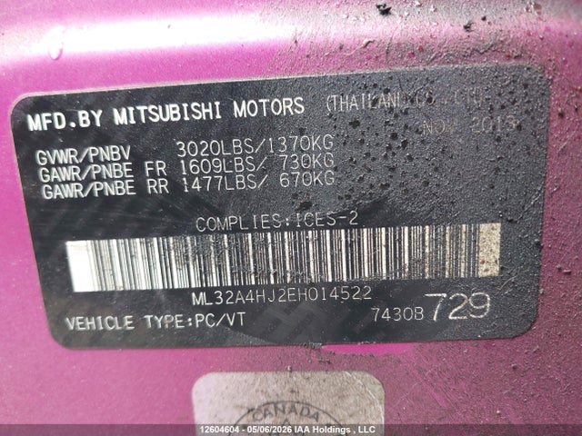 2014 Mitsubishi Mirage Se მანქანა იყიდება აუქციონზე, vin: ML32A4HJ2EH014522, აუქციონის ნომერი: 12604604