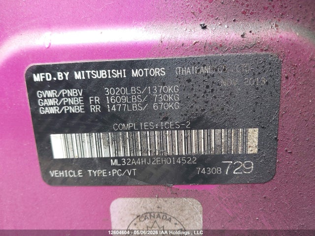 2014 Mitsubishi Mirage Se მანქანა იყიდება აუქციონზე, vin: ML32A4HJ2EH014522, აუქციონის ნომერი: 12604604