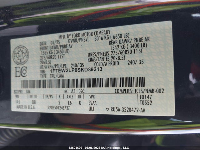 12604606 :رقم المزاد ، 1FTEW2LP0SKD39213 vin ، 2025 Ford F-150 Stx مزاد بيع