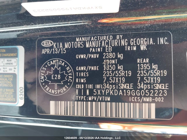 Продаж на аукціоні авто 2016 Kia Sorento Sx/sx Limited, vin: 5XYPKDA19GG052223, номер лоту: 12604609