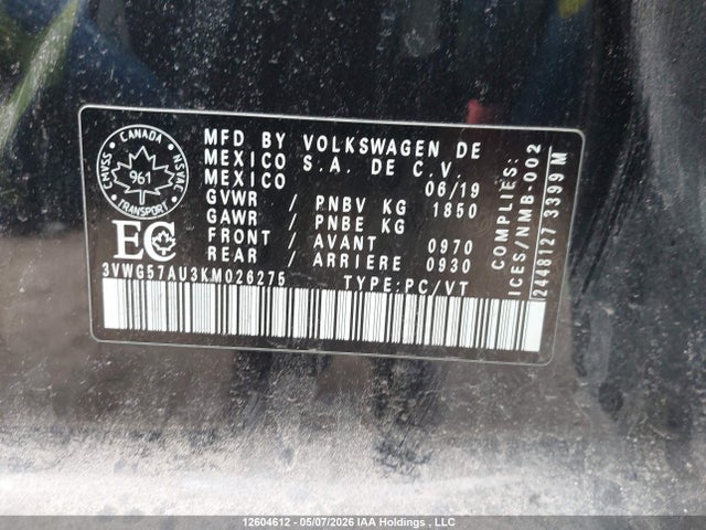 3VWG57AU3KM026275 Volkswagen GOLF S/SE