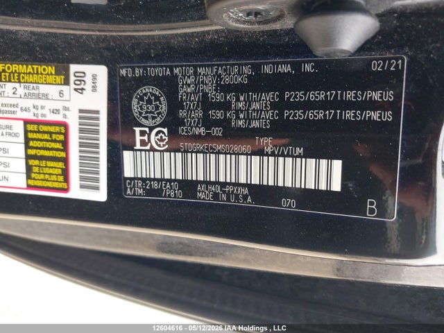 12604616 :رقم المزاد ، 5TDGRKEC5MS028060 vin ، 2021 Toyota Sienna مزاد بيع