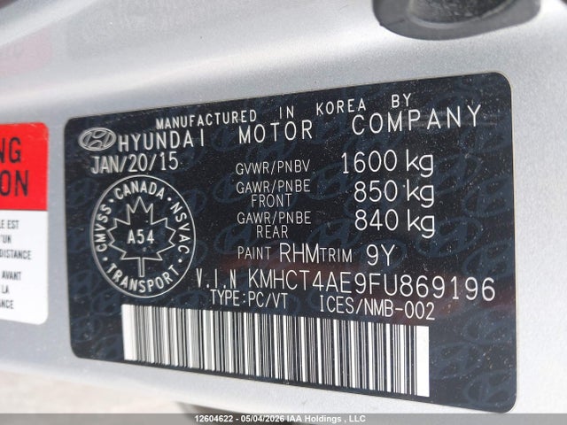 KMHCT4AE9FU869196 Hyundai Accent